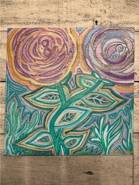 New Abstract Floral Painting in Teal, Purple & Gold Rosey Posey 8 in by 8 in